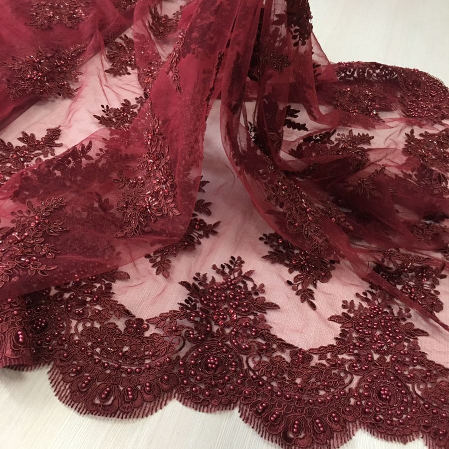 Burgundy Lace Fabric Elegant 3D Embroidery for Dresses