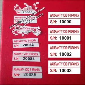 Custom security tamper evident fragile destructible labels with serial numbers, Warranty Void If Broken paper warranty stickers