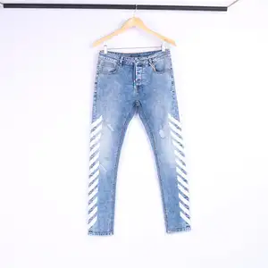 Name Brand White Twill Print Side Seam With Drawstring Light Blue Denim Jeans Men