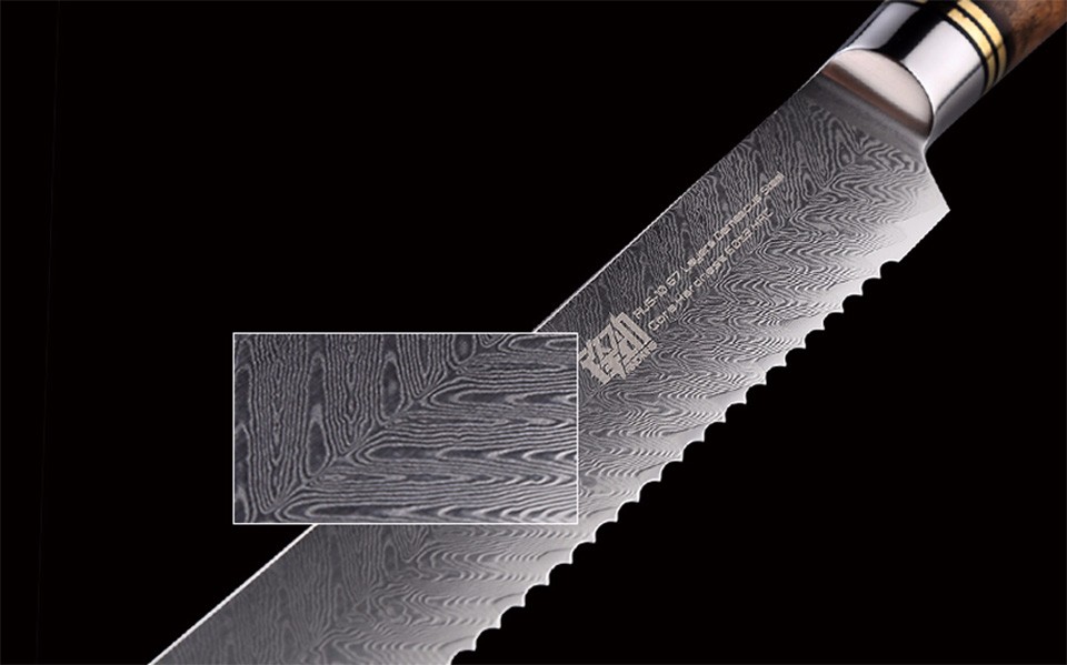 FINDKING 8 inch AUS-10 damascus steel arrow pattern Sapele wood handle 67 layers Bread knife
