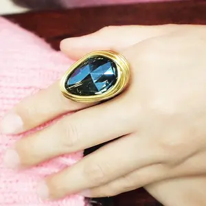 HANSIDON Cincin Kristal Besar Mewah untuk Wanita, Perhiasan Buatan Tangan Kawat Logam Pernyataan Cincin Pesta