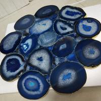 Table basse décorative ronde semi précieuse, pierre d'agate bleue transparente, décoration murale