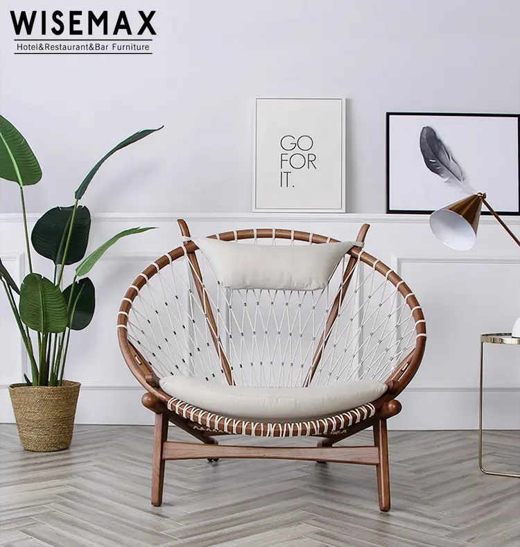 WISEMAX furnitur antik anyaman bulat santai santai kayu solid balkon kursi lounge dengan bantal lembut untuk dijual