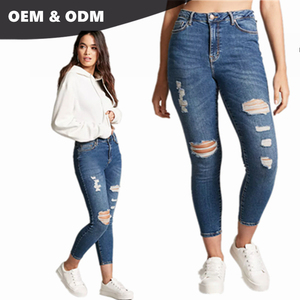 OEM de moda <span class=keywords><strong>a</strong></span> granel al por mayor de China nuevo estilo pantalones desgastados de cintura alta flaco mujeres Jean 011 - Product Image 1