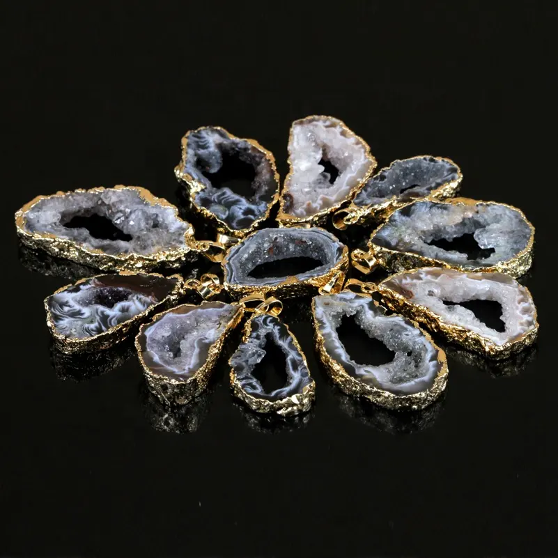 Natural Geode Druzy Agate Slice Pendant With 24K Gold Or Silver Plated, Druzy Stone Wholesale Piedras Agate Drusy Slab Pendant