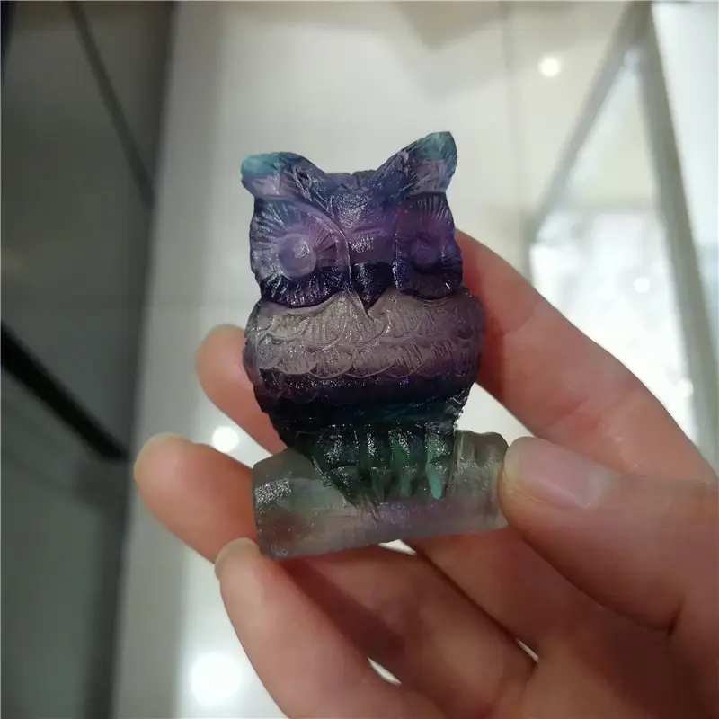 Commercio all'ingrosso Naturale Fluorite di Pietra Intagliato A Mano Del Gufo Figurine Per La Vendita