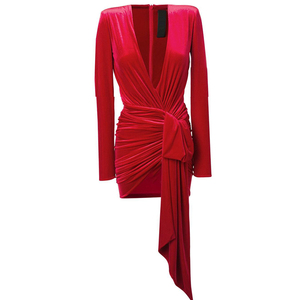 Otoño mujer nuevo <span class=keywords><strong>terciopelo</strong></span> rojo sólido Color v-cuello Sexy manga larga vaina vestido con un empate cintura YLDR215D - Product Image 1