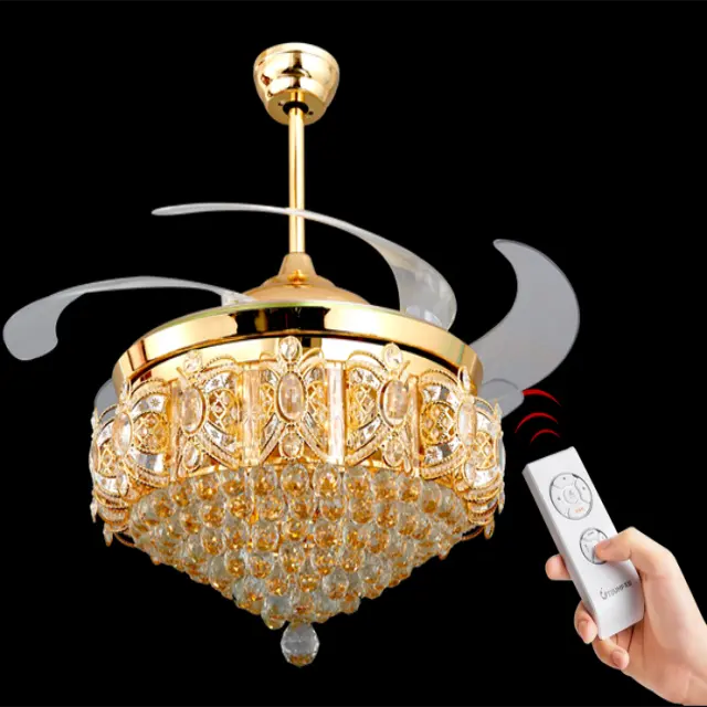 Dropship Guzhen Gold Color Luxury K9 Crystal Remote Control Invisible Ceiling Fan Lights Ceiling Fan with Light Fan chandelier