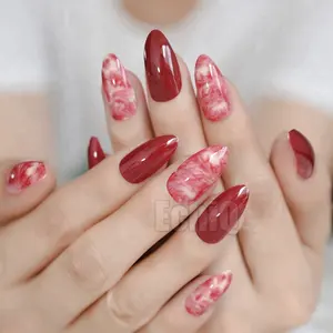 24 falso stiletto unhas afiadas vinho mármore vermelho, unhas falsas, decorar facilmente os dedos