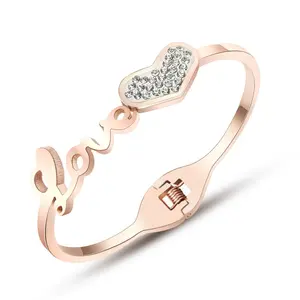 New style top quality rose gold plated stainless steel love heart bracelet with micro crystal pave jewelry