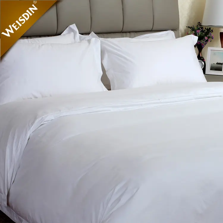 Factory High Quality pure white 100% Cotton Sateen Fabric Hotel Linen Bed Sheets Bedding Set