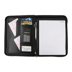 Zipped Portfolio Bags Padfolio Case Meeting Folder with Calculator Hot Selling Custom Fashionable Cheap A4 Leather Customized