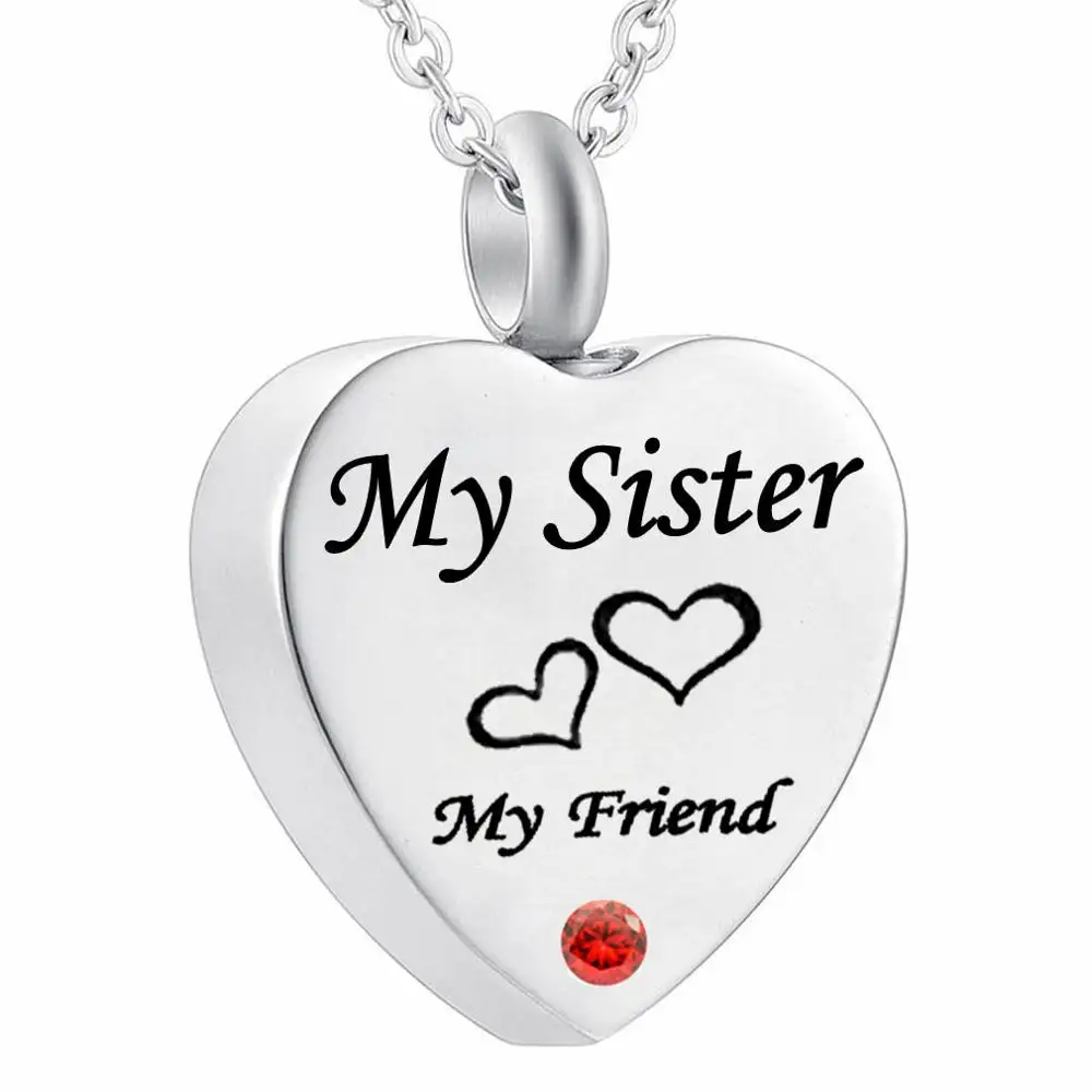 Engraved My Sister My Friend Heart Memorial Urn Pendant Necklace Birthstone Ashes Keepsake Stainless Steel Cremation Jewelry