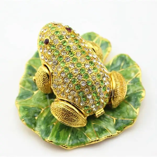 Kotak Perhiasan Kecil Model Kustom Katak Berlian Imitasi Pada Daun Lotus Hadiah