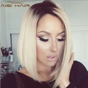 Aisi Hair premium short bob straight wave ombre blonde heat resistant cheap wholesale black women synthetic hair wig none lace