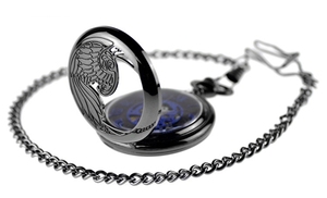 Montre <span class=keywords><strong>de</strong></span> poche mécanique steampunk pour homme, cadran bleu squelette antique avec chiffres romains, boîtier en alliage noir, remontage manuel, chaîne à breloque - Product Image 3