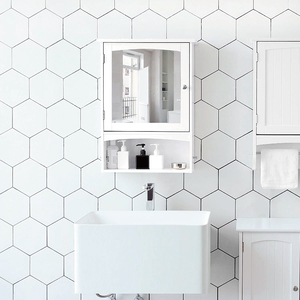En bois Blanc Rangement Mural pour salle de bain Miroir avec Étagère Réglable - Product Image 4