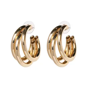 Fashion Geometric C Shape Hoop Earrings 18k Gold Plated Triple Circle Hoop Earrings