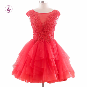 RSM66208 manga Casquillo rojo del cordón appliqued <span class=keywords><strong>capas</strong></span> falda minitwo tonos vestidos de coctel mujer corta vestidos poco vestid - Product Image 1