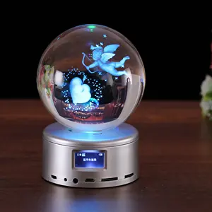 Bola de cristal base de led para casamento, bola de vidro de cristal mp3 colorida laser 3d transparente gravado para o amor do casamento