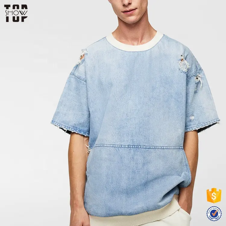 Newest design custom men short sleeve denim round neck sweatshirt in light blue
