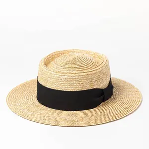 Women Men Summer Straw Pork Pie Boater HatとRibbon Bow