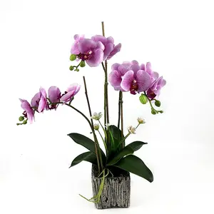 Großhandel 3 heads Real Touch Orchidee Künstliche Bonsai Phalaenopsis Orchidee Set Real Touch Blumen für dekoration