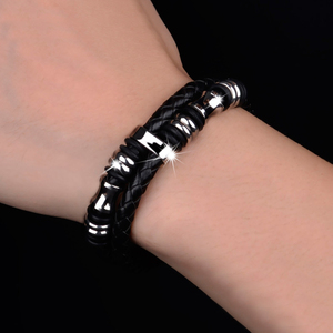 Punk estilo hombres joyería de cuero <span class=keywords><strong>del</strong></span> grano <span class=keywords><strong>del</strong></span> acero inoxidable accesorios Cierre magnético trenzado pulsera de cuero Doble - Product Image 5