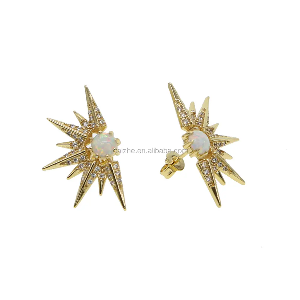 sun shape stud earring with cz mirco pave opal stone prong setting fashion sun star earring wedding