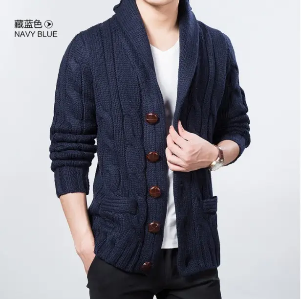 high quality namely shawl collar heavy thick cable knitted winter wool cardigan with pockets for men