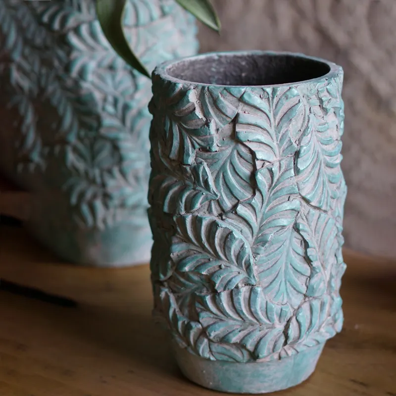 Maceta de cerámica con diseño de flores, 2018, decoración verde antigua