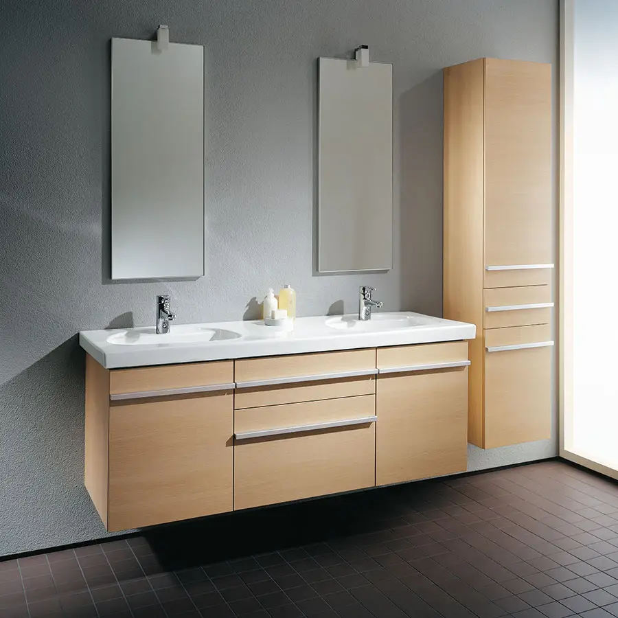 wood grain simple bathroom dressing vanity design with double sink