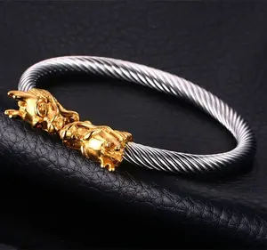 New Technology Cool Men Aggressiveness Stainless Steel Wire Gold Dragon Head Open Cuff Twisted Bangle