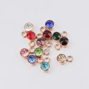 6mm Gül Altın Kaplama Paslanmaz Çelik DIY Takı Aksesuarları Rhinestones 12 Birthstone Charm