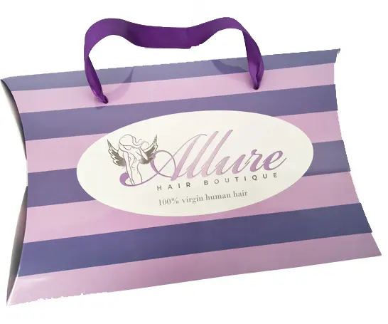 अनुकूलित प्यारा धारीदार बैंगनी गुलाबी मुद्रण तकिया बॉक्स के लिए बाल एक्सटेंशन बॉक्स पैकेजिंग के साथ विग बैग बक्से