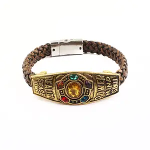 Pulseira malha infinito vintage, pedra thanos tecido pulseira de couro trançado