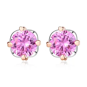 CZCITY Pink Zircon Stone Crystal Small Stud Earrings Genuine Sterling Silver 925 Women Jewelry New Fashion