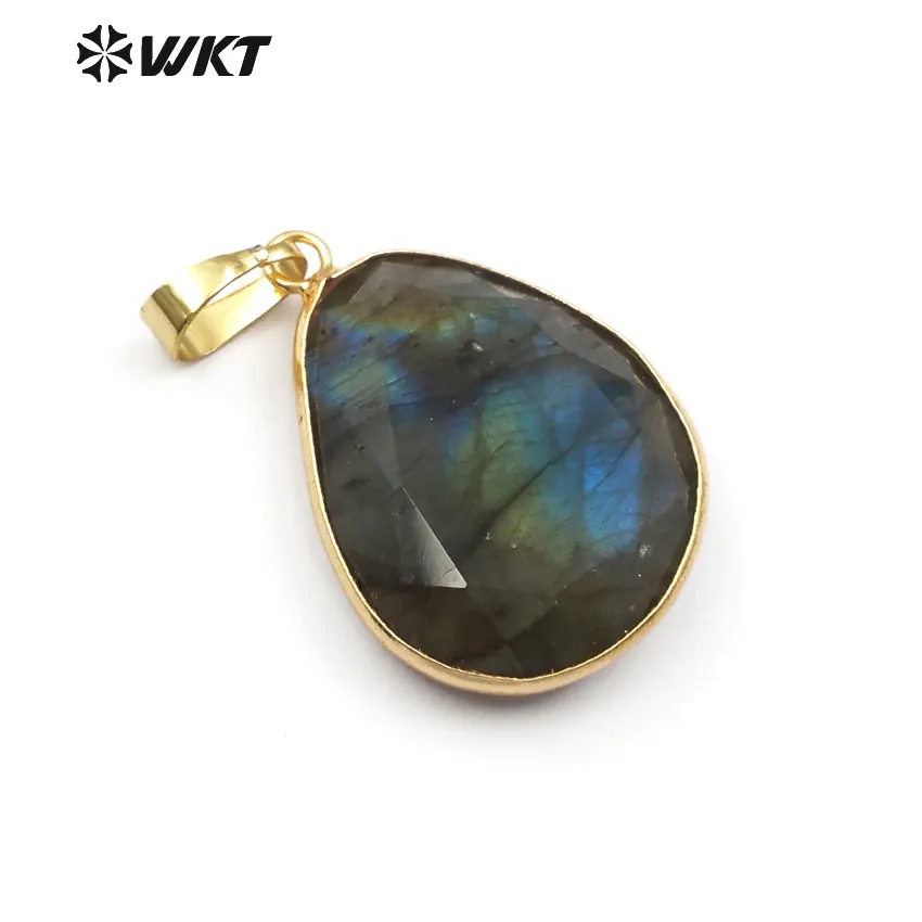 WT-P718 liontin batu permata Labradorite berkilau terbaru dengan Bezel emas, liontin Labradorite alami kualitas tinggi mode