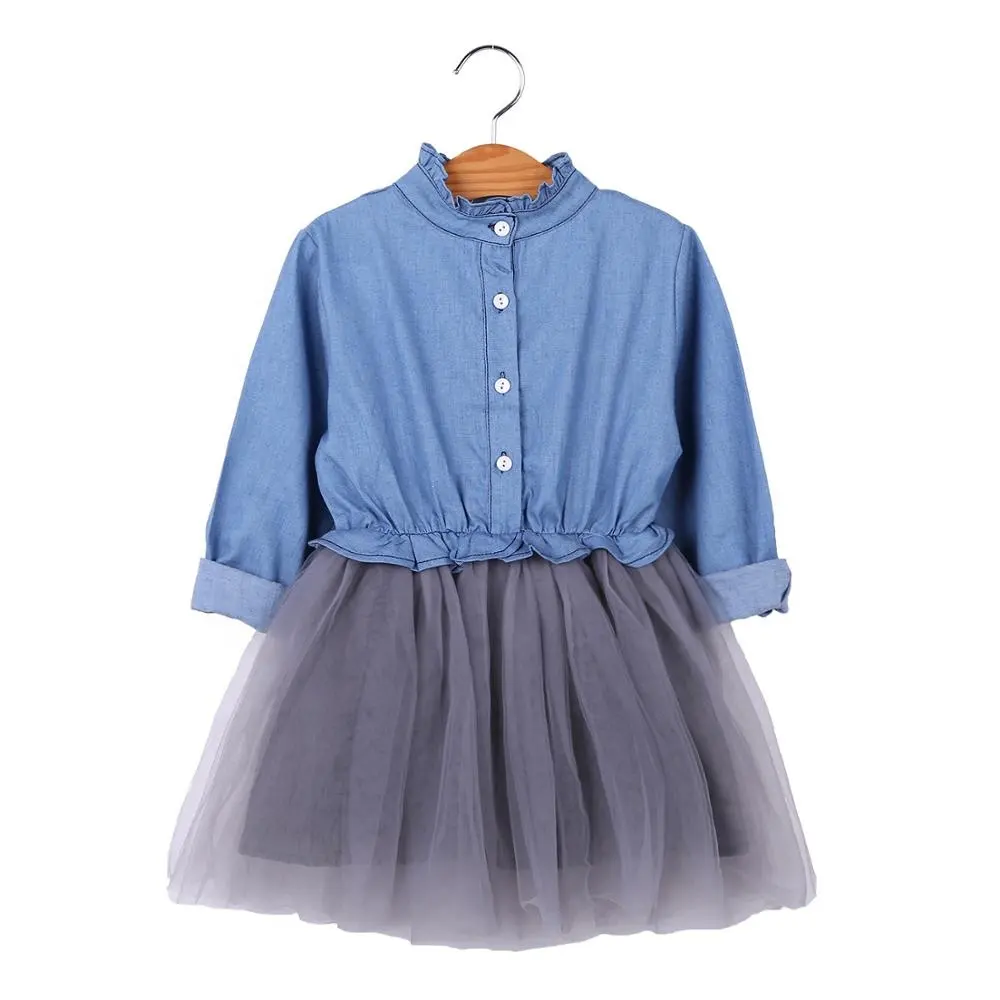 Spring girls' dress denim cotton long sleeve mesh princess skirt Korean version of girls' dress peng peng skirt spot