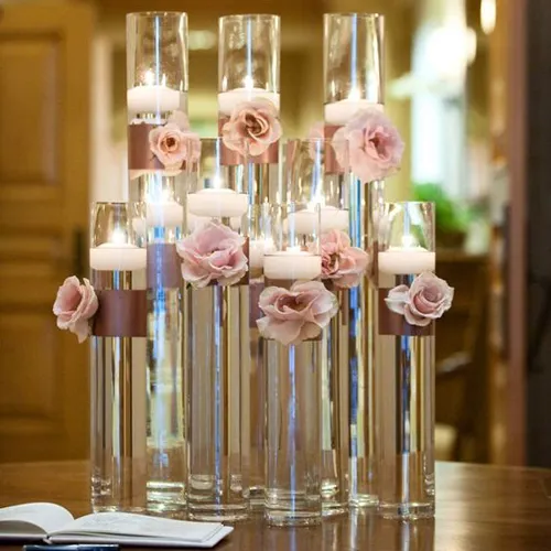 Bougeoirs votifs en verre élégants/vases cylindriques en verre pour restaurant d'événement d'hôtel/vases cylindriques en verre transparent bon marché