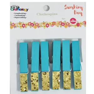 6pcs 45mm scrapbooking turquoise with gold glitter clothespin