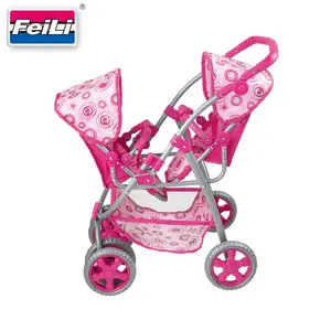 Feili Mainan Bayi Boneka Twin Kereta Bayi dengan Adjustable Handel Bar dan Berputar Roda Depan Double Kursi Mainan Kereta Dorong