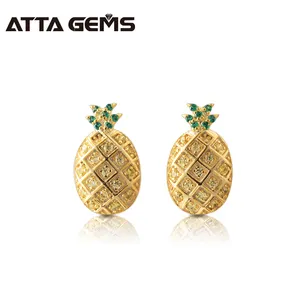 Summer Style Silver Plated Yellow Gold Fruits Design Pineapple Stud Earrings For Girlfriend Valentine's Gift