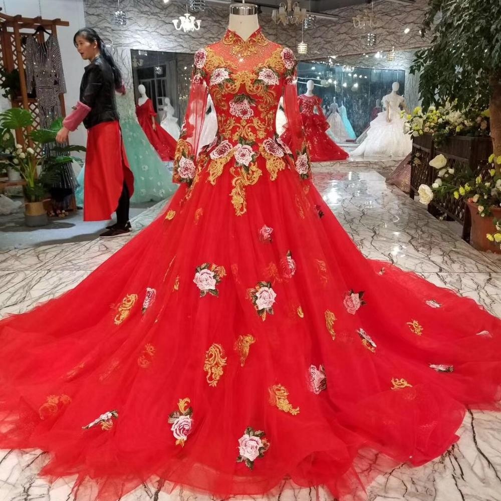 Red Muslim Wedding Dress Long Sleeves High Neck Flower Embroidered Wedding  Dresses 2018 Designs Latest| Alibaba.com