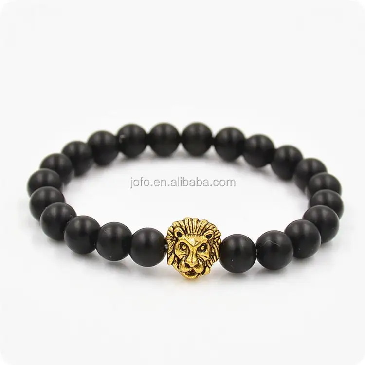 Wholesale Antique Gold Plated Lion Head Bracelet Black Beaded Bracelets For Men Women Pulseras FYJ0008