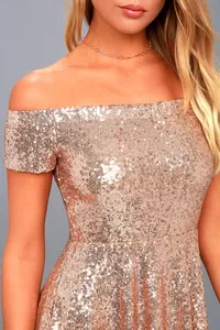 Benutzer definierte Damen stilvolle Rose Gold Pailletten Kleid Elegant Off The Shoulder Skater Kleid