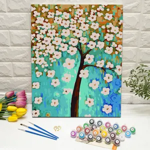 Pintura Decorativa DIY de árbol floreciente por números sobre lienzo