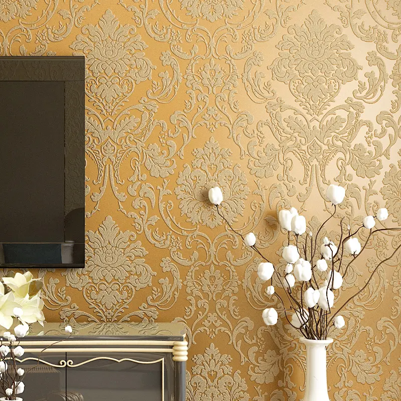 Papel tapiz Damasco europeo 3D dorado de lujo, Fondo para dormitorio, sala de estar, TV, restaurante, hotel, beige, azul, verde