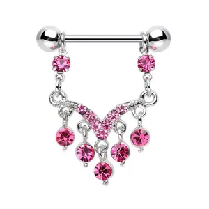 316L Surgical Steel Pink Multi Crystal Jewelled Dangle Nipple Ring Piercing