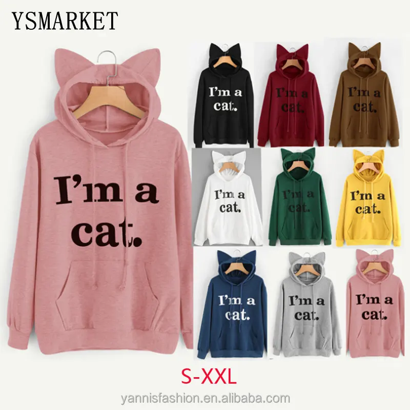 YSMARKET Women Sweatshirt Cat Slogan Print Cat Ear Kawaii Hoodie Sweatshirt Print Cute Pullovers Long Sleeve Casual E01